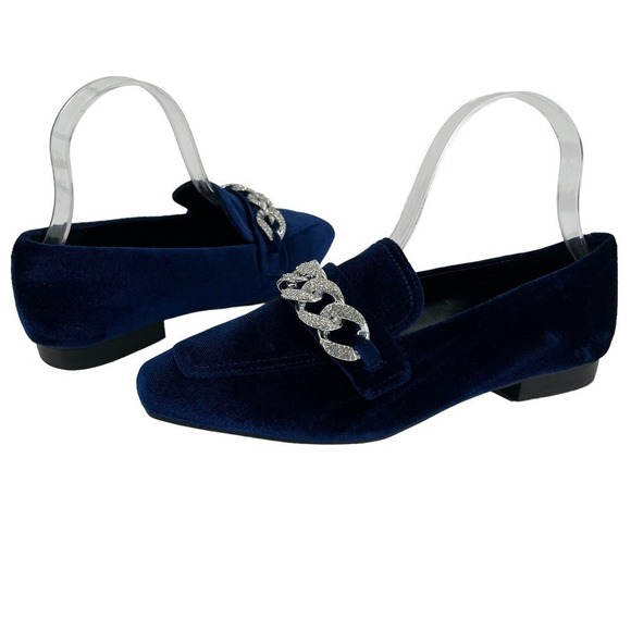 Steve Madden Loafer Rilynn Velvet Blue Rhinestone Silver Chain Women’s 7.5 M - Picture 2 of 10
